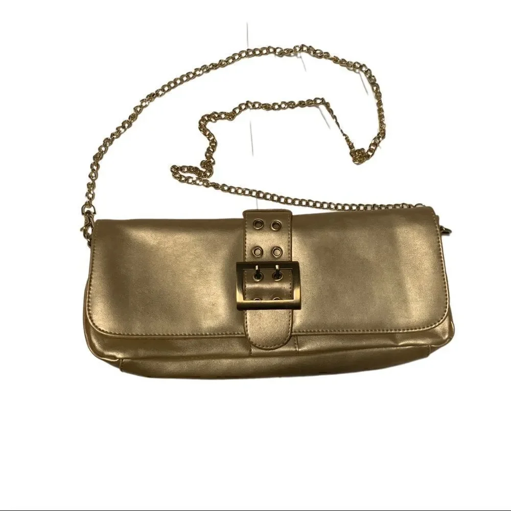Gold Vegan Leather Clutch W/Removable Chain Strap